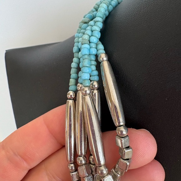 Multi stranded bohemian hippie abalone shell faux turquoise beaded necklace 22" - Picture 4 of 12